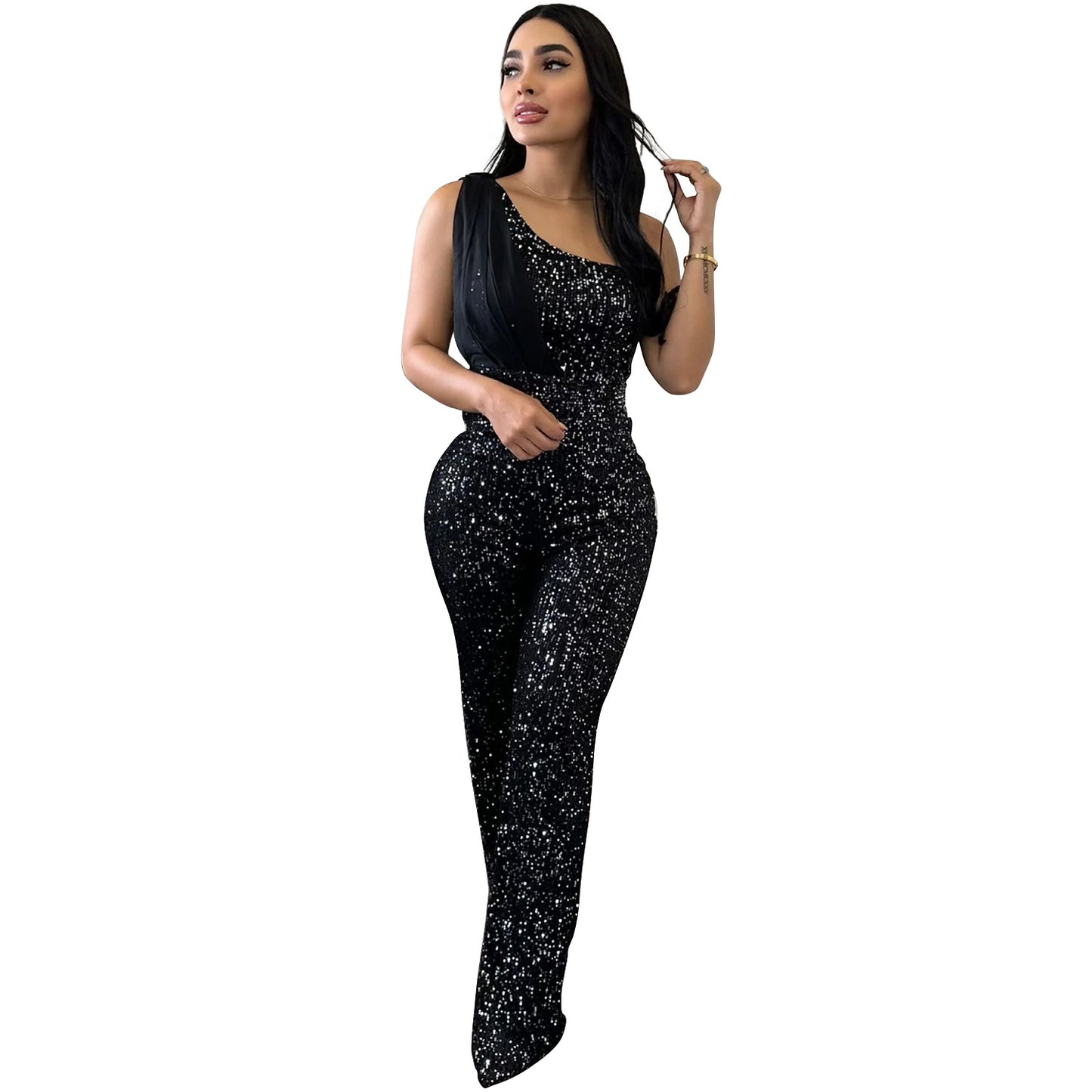 Dame Elegant Paillet-Jumpsuit med asymmetrisk udskæring og figursyet pasform Stilla