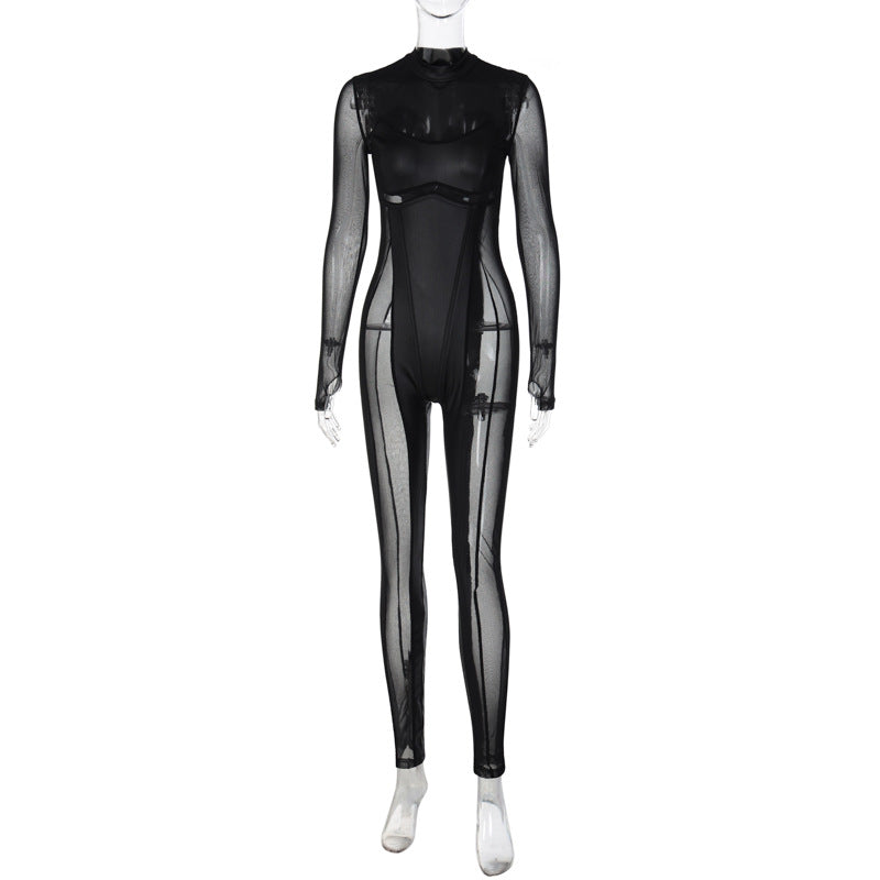 Dame gulvlangt, gennemsigtigt jumpsuit med smalle indlæg og elegant krave Stilla
