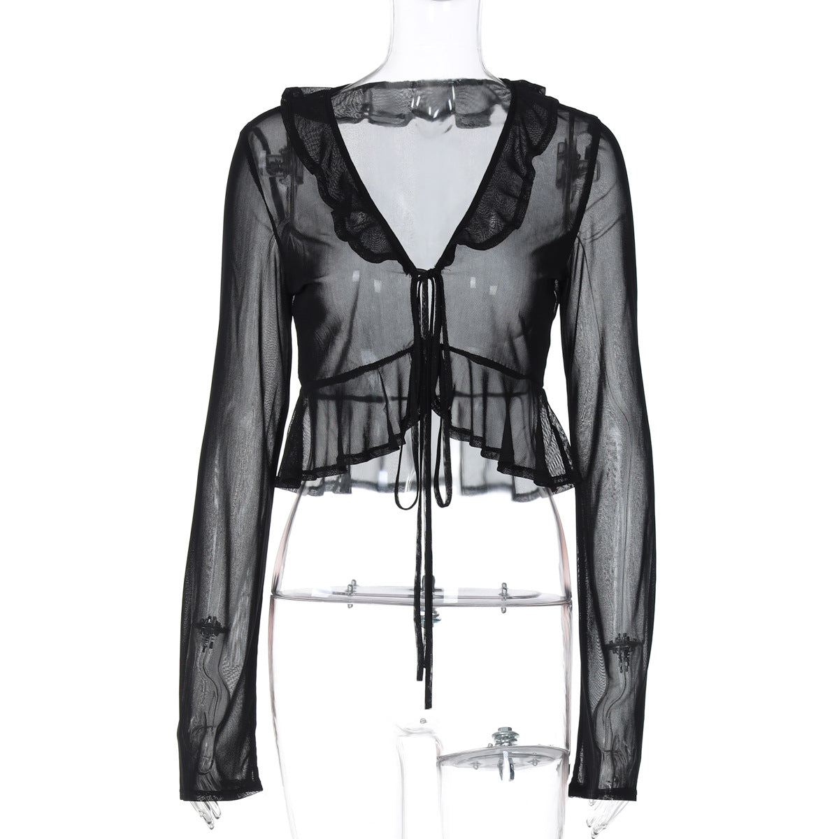 Dame Transparent Bluse med Ruffle detaljer og Snor Stilla