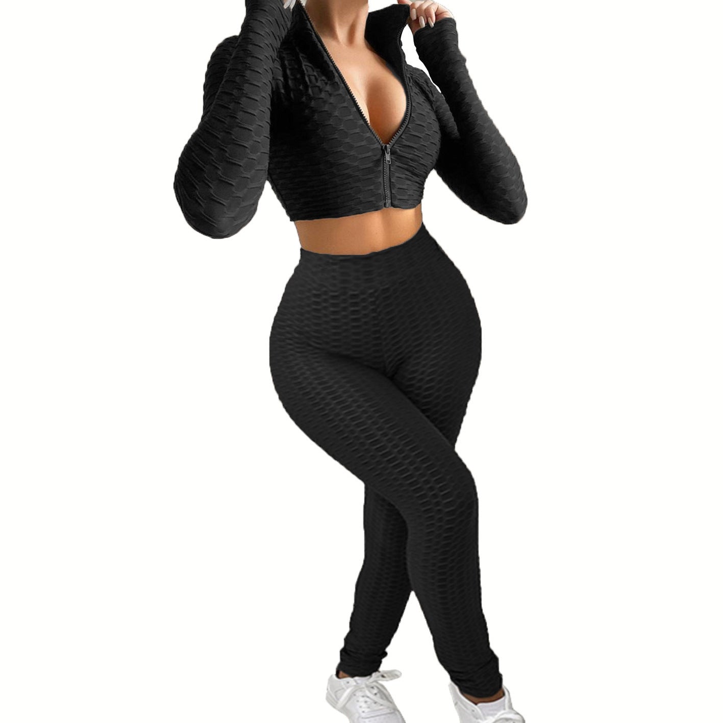 Dame Sportsæt i innovativ strukturstof med cropped hoodie og højtaljede leggings Stilla