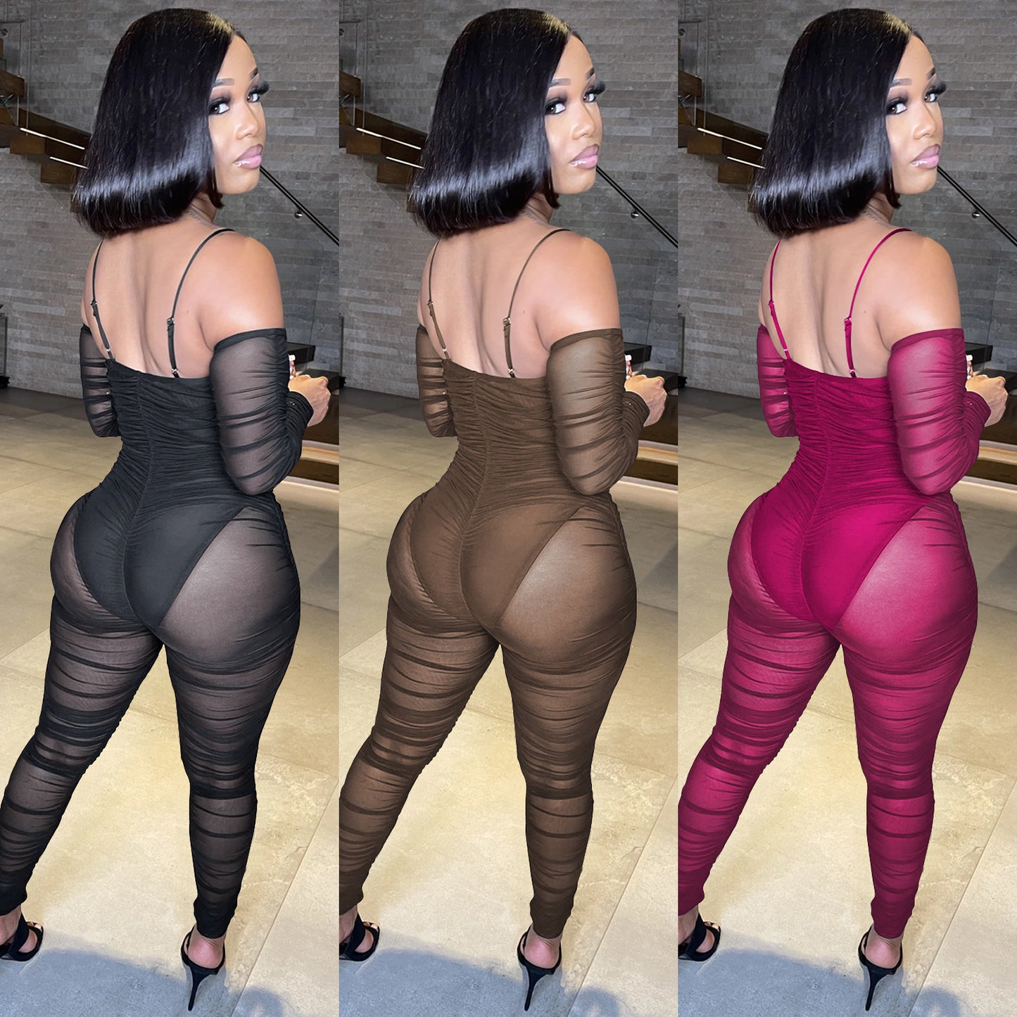 Dame elegant tætsiddende jumpsuit med gennemsigtige detaljer og lange ærmer Stilla