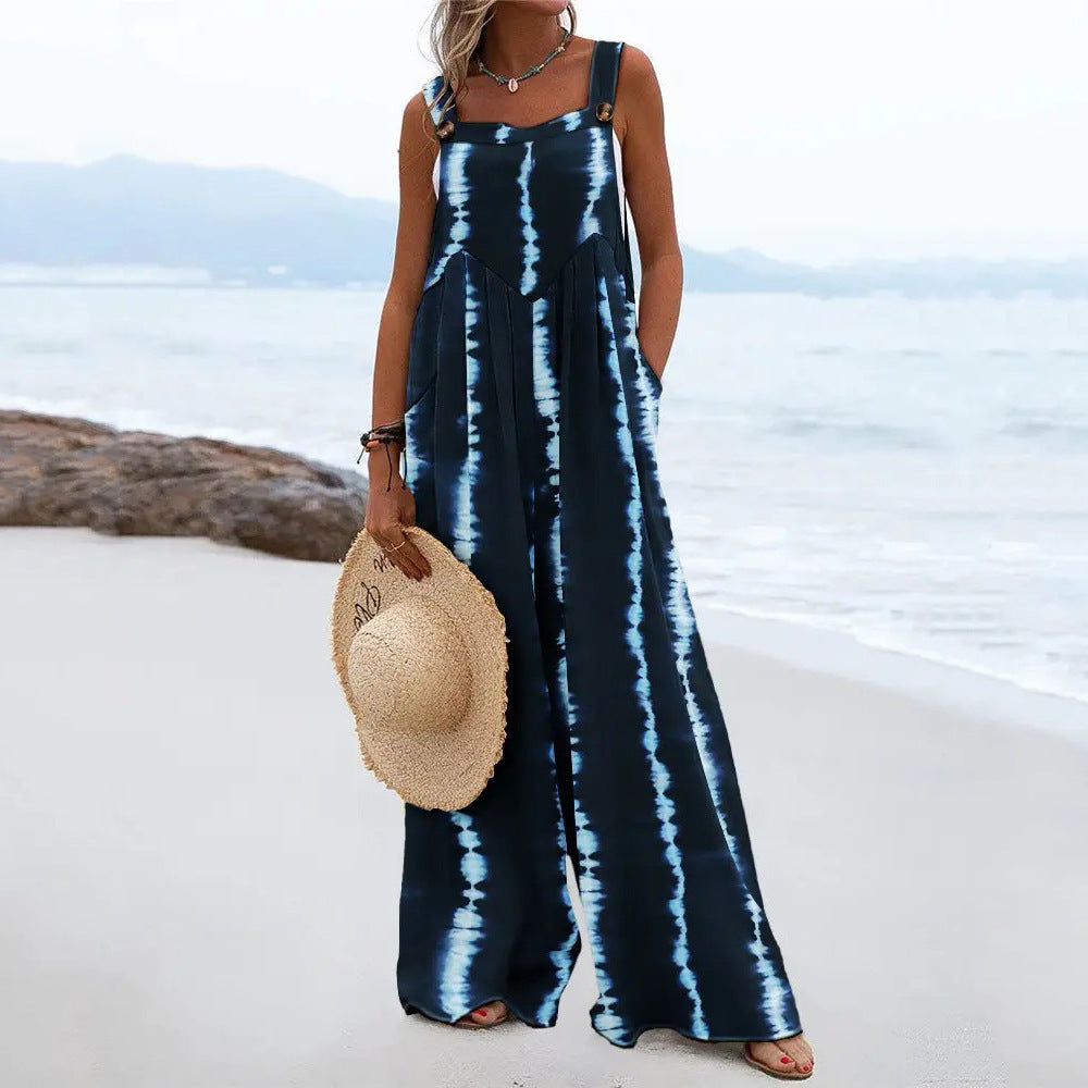 Dame Casual Jumpsuit med moderigtigt Tie-Dye-mønster og praktiske lommer Stilla