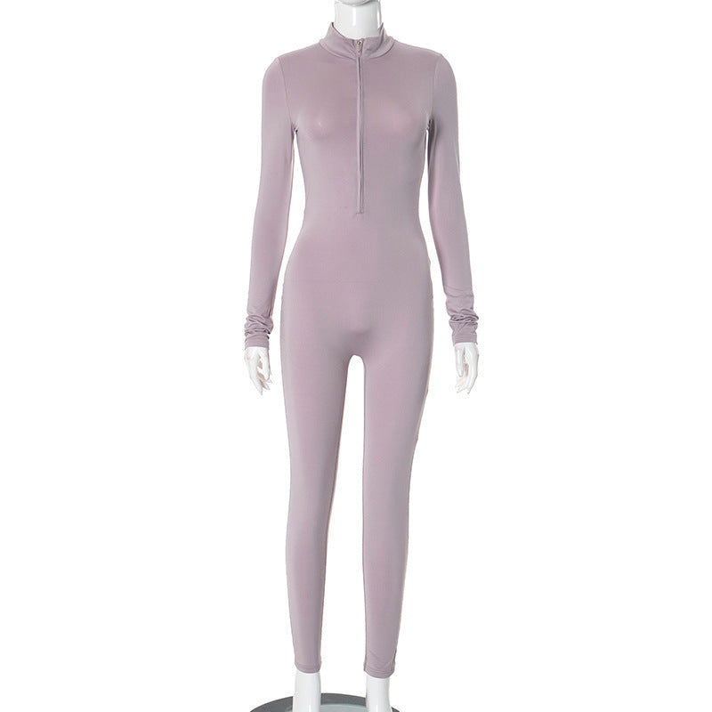 Dame Langærmet Jumpsuit med dyb V-udskæring og behagelig lynlås Stilla