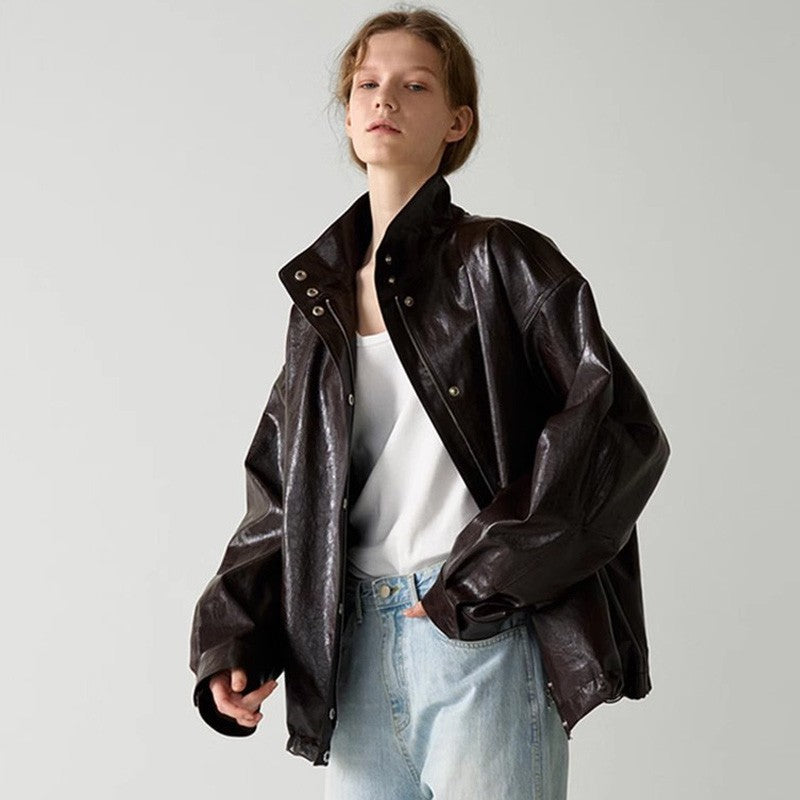 Dame afslappet oversized læderjakke med struktureret design og praktiske detaljer Stilla