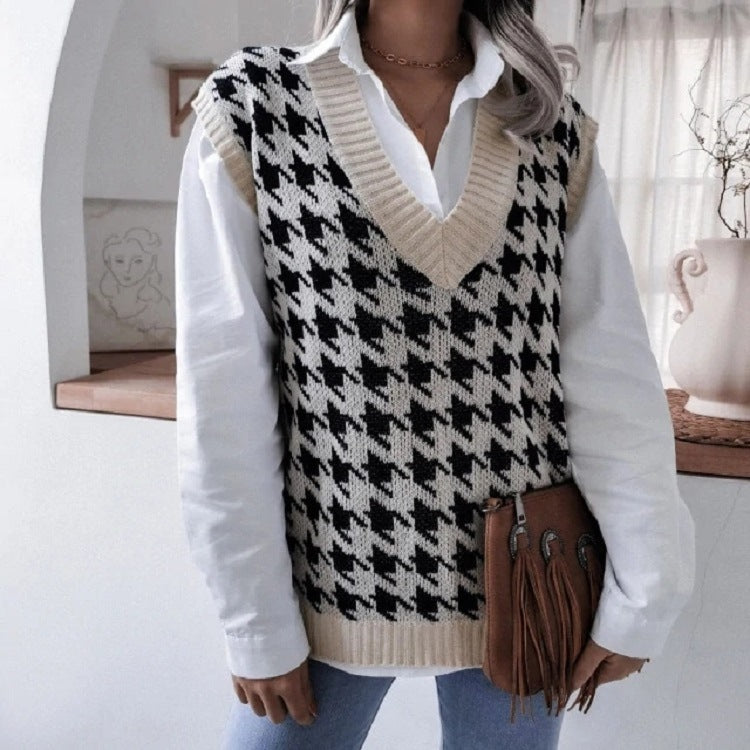 Dame strikvest med moderne houndstooth mønster Stilla