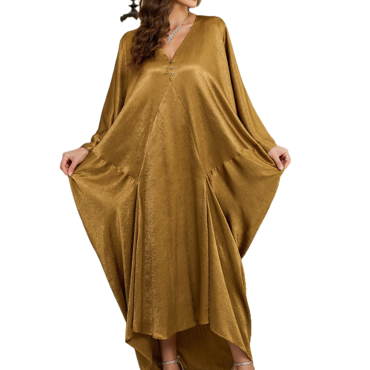 Dame Elegant Kaftan med skinnende stof og brede ærmer Stilla