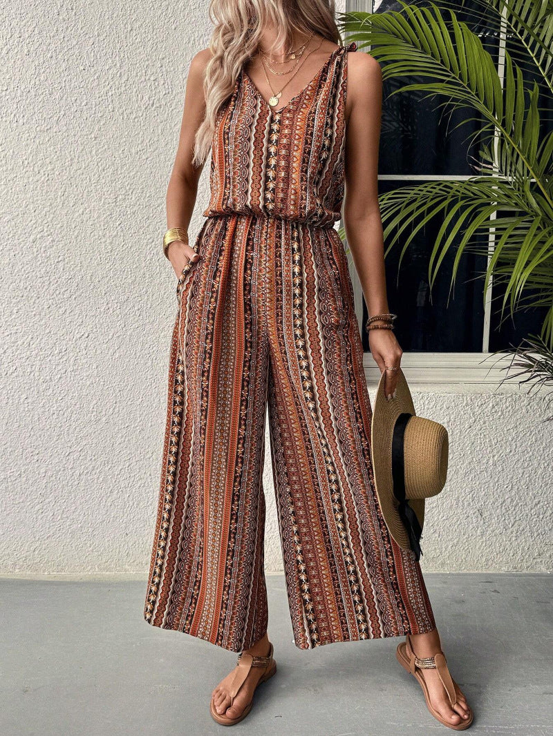 Dame jumpsuit med bredt ben og farverigt mønster Stilla