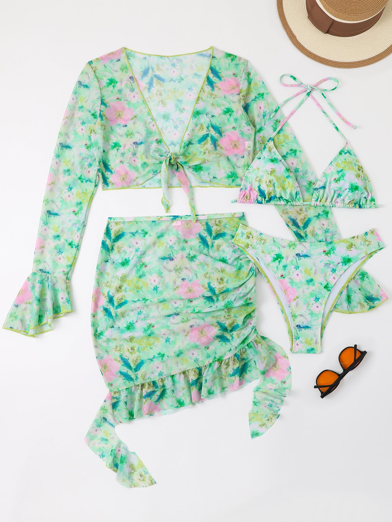 Dame badetøjssæt med blomsteroverdel og triangle-bikini Stilla