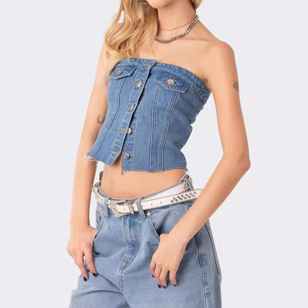 Dame afslappet cropped jeansjakke med strikket oversized ærme Stilla