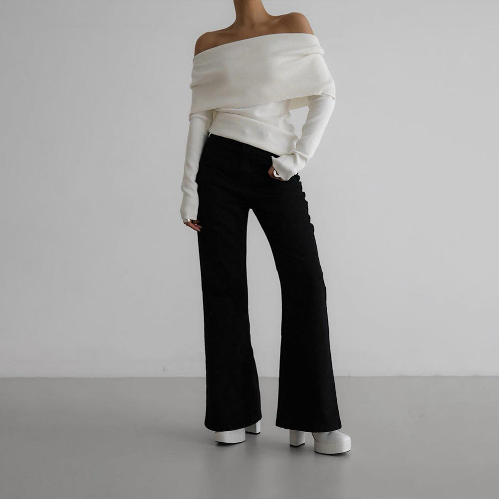 Femme Off-Shoulder Strikpullover og Flare Bukser Sæt Stilla