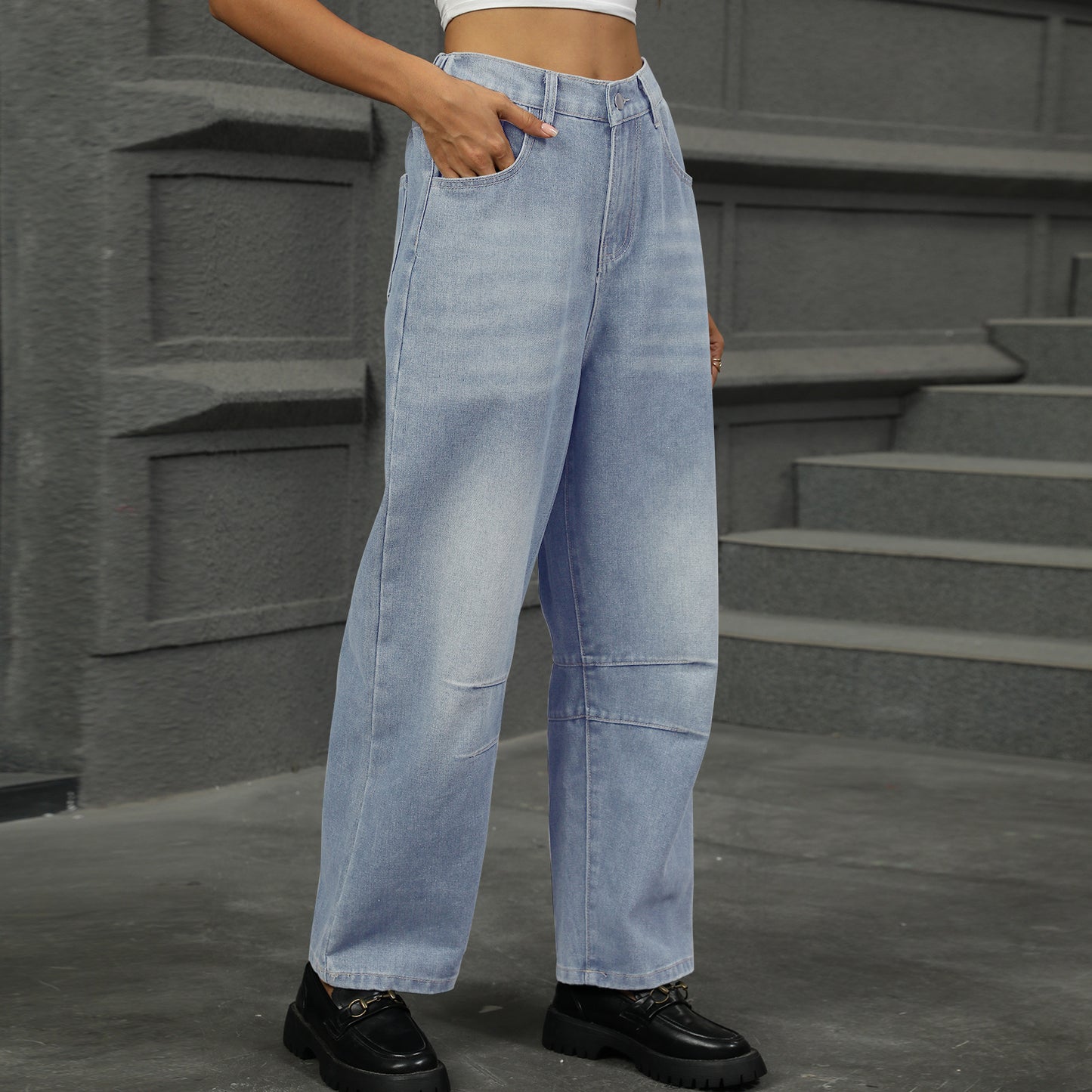 Dame løse høj talje jeans med bred ben og lommer Stilla