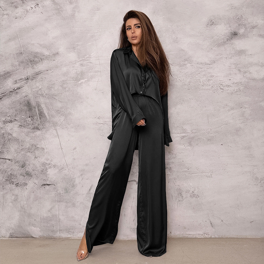 Dame Satin Jumpsuit-Sæt med afslappet elegance og bredt ben Stilla