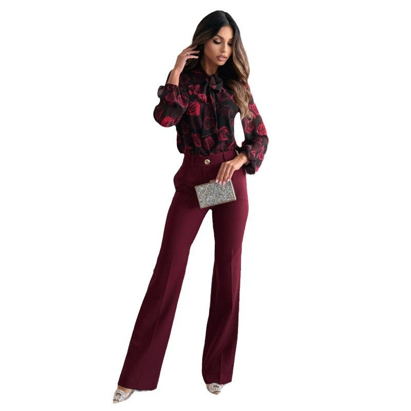 Dame Elegant Chiffonbluse med florale accenter og sløjfedetalje Stilla