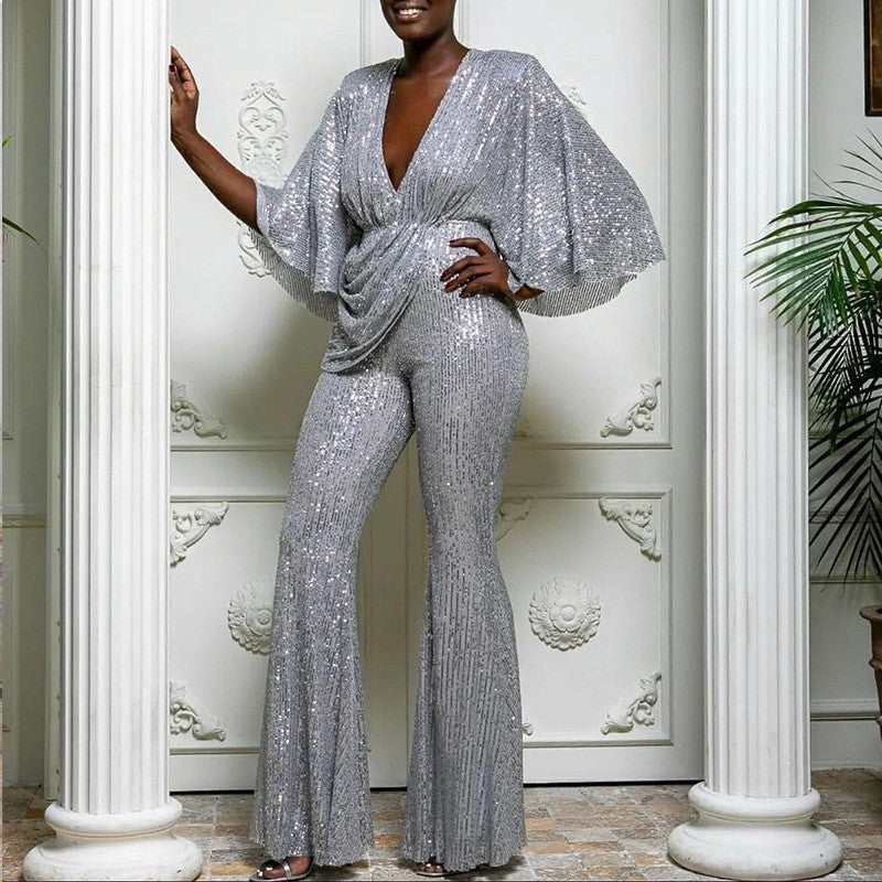 Dame Glamourøs Jumpsuit med funklende Palietter og bredt Ben Stilla