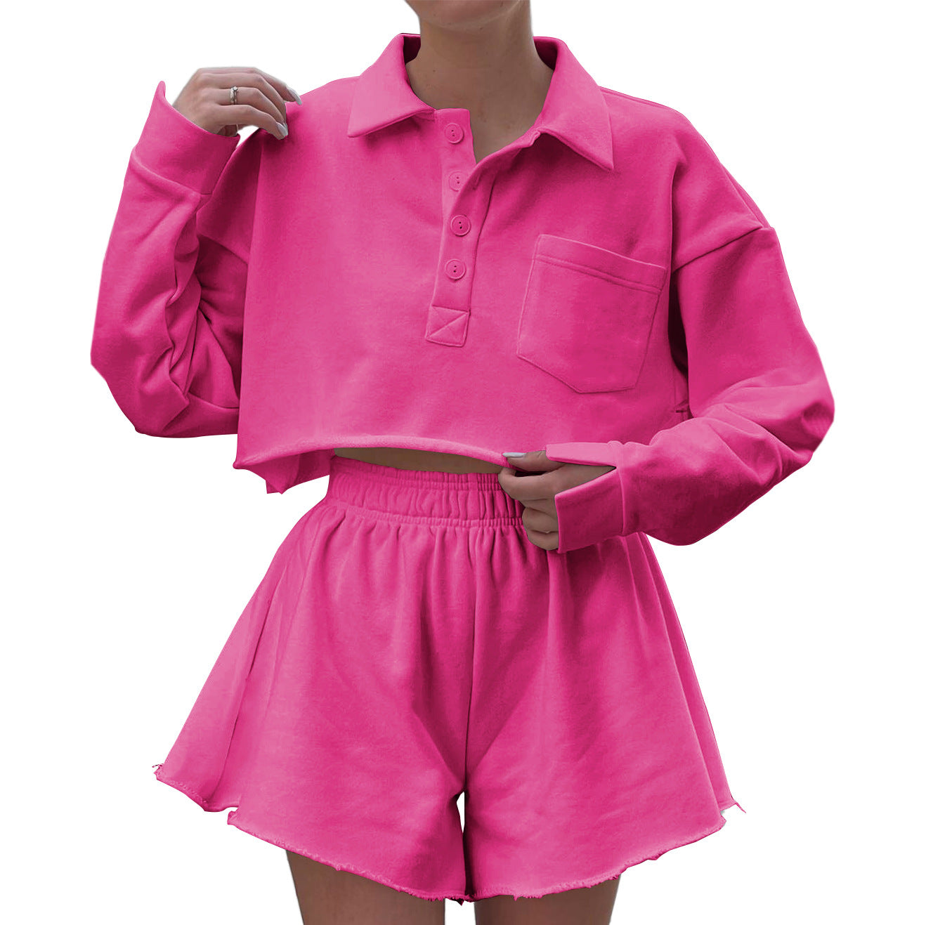 Dame cropped Poloshirt og shorts sæt med afslappet snit og praktiske lommer Stilla