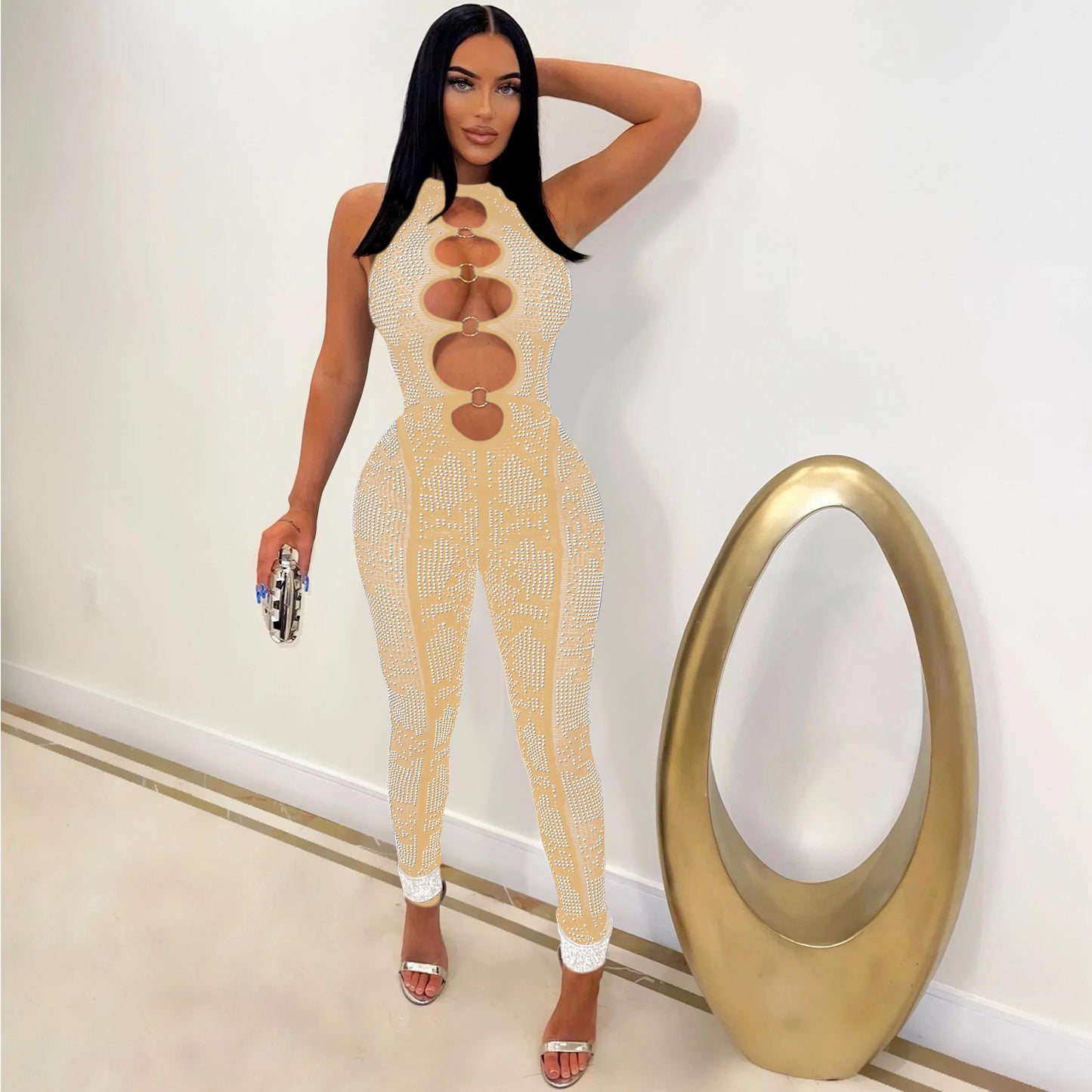 Dame Glamourøs Bodycon Jumpsuit med forførende cut-out-detaljer og glitrende accenter Stilla