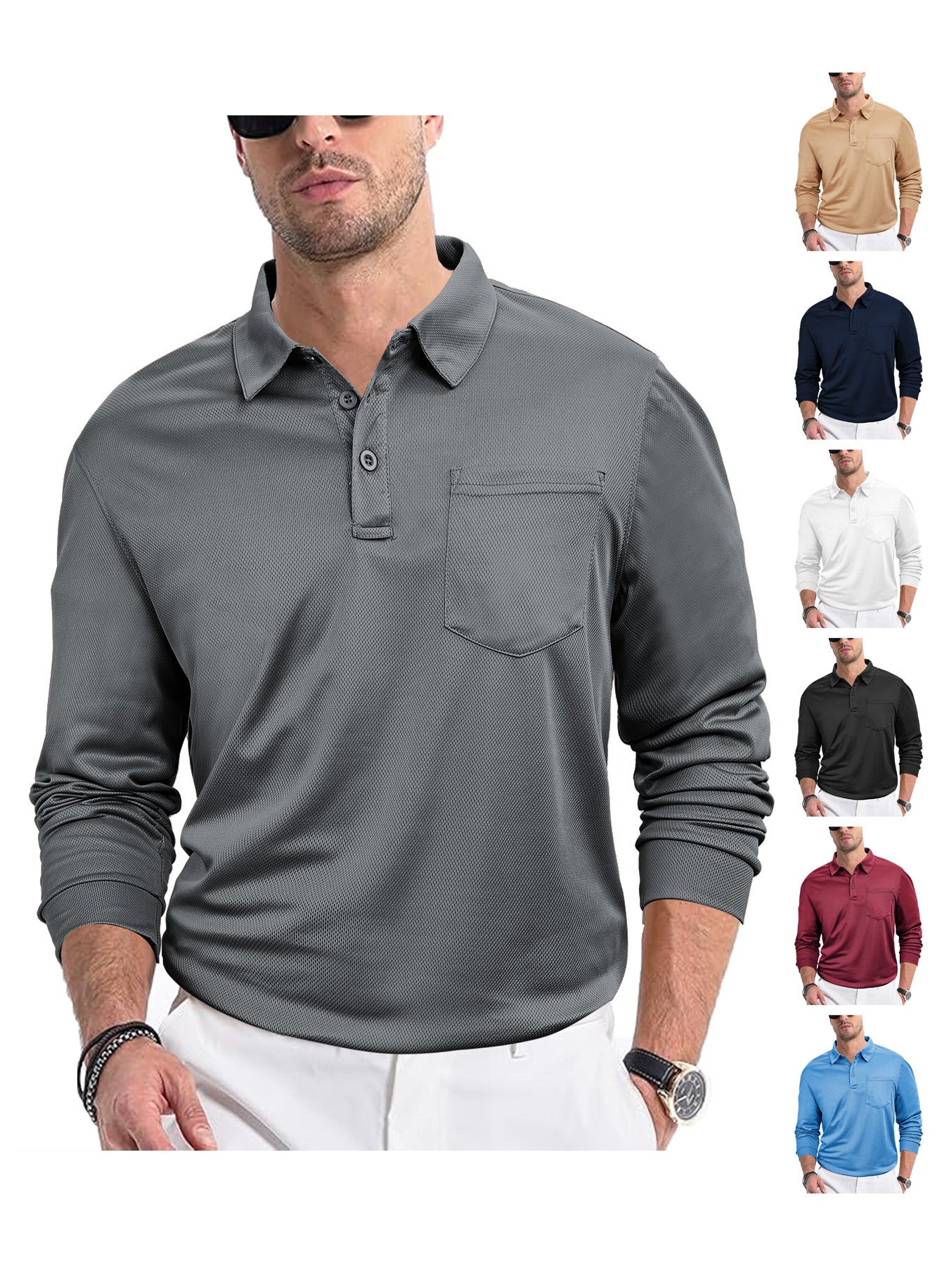 Herrer langærmet poloshirt med struktureret stof og praktisk brystlomme Stilla