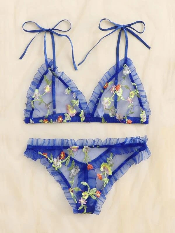 Dame broderet chiffon bralette og bikini sæt Stilla