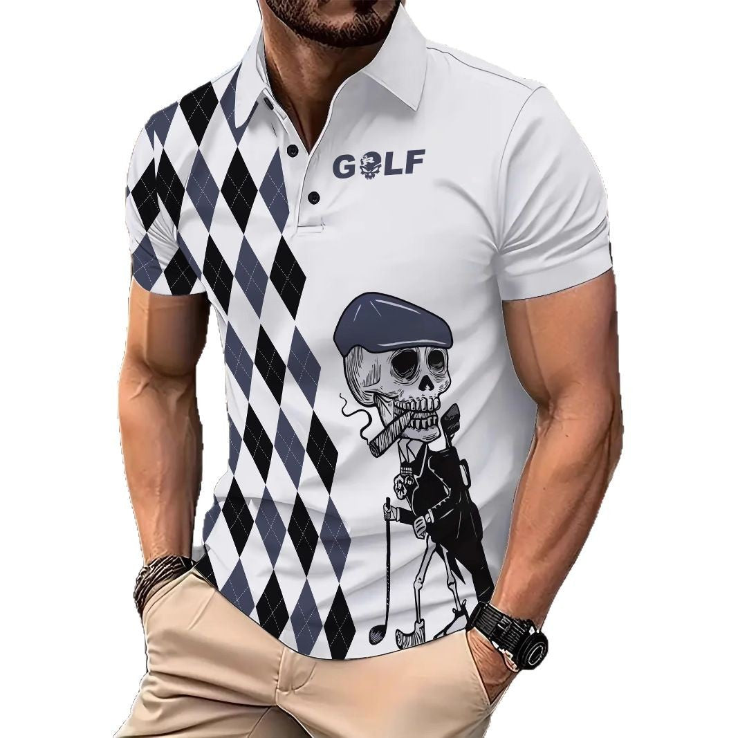 Herre Poloshirt med unikt Skull-Golf-motiv og moderne ternet mønster Stilla