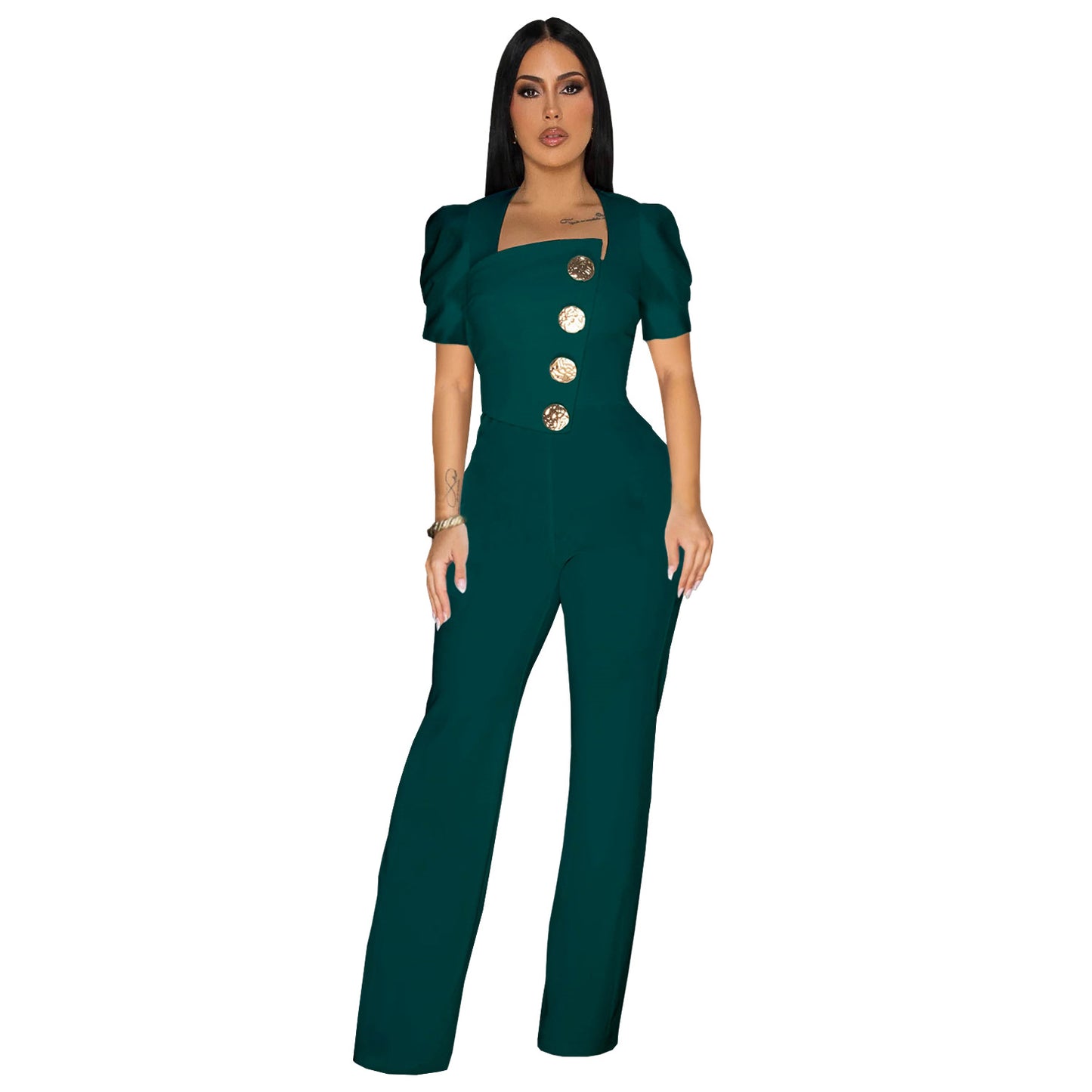 Dame Elegant Jumpsuit med smagfulde knapdetaljer og puffærmer Stilla