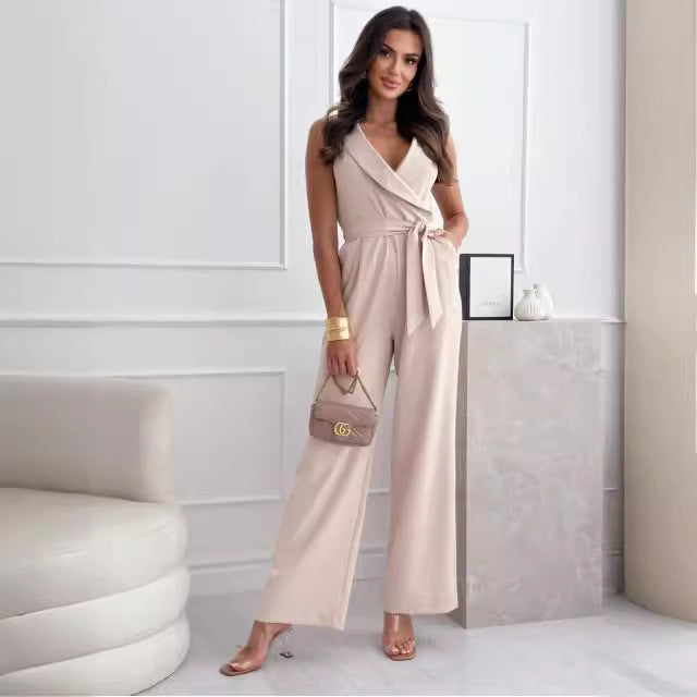 Dame Elegant Jumpsuit med dyb V-udskæring og taljebælte Stilla