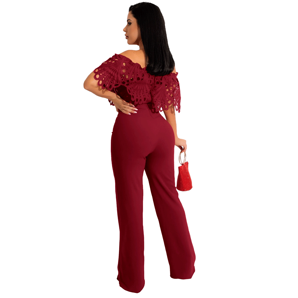 Dame Elegant Off-Shoulder Jumpsuit med dekorativ spids og taljebælte Stilla