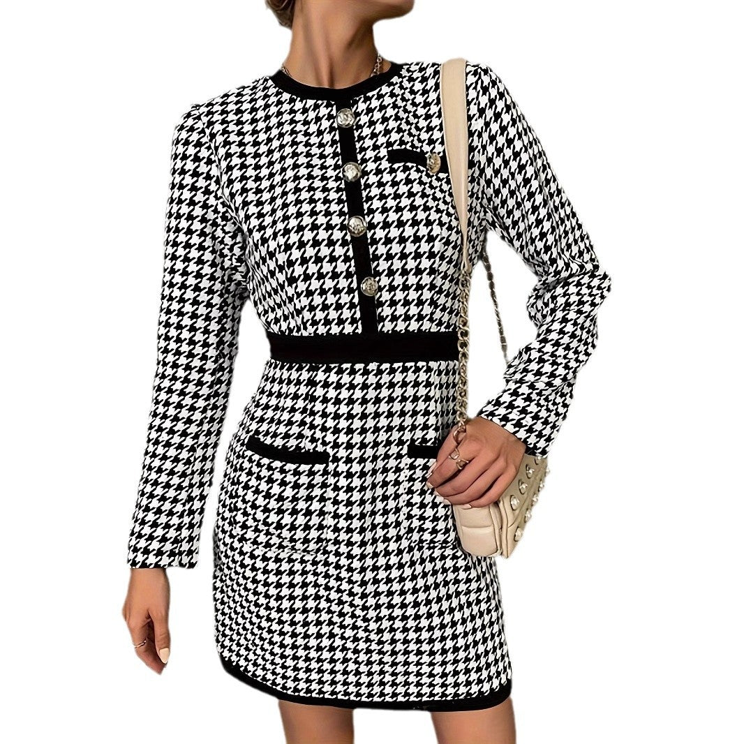 Dame elegant kjole i klassisk houndstooth mønster med knapdetaljer og lommer Stilla