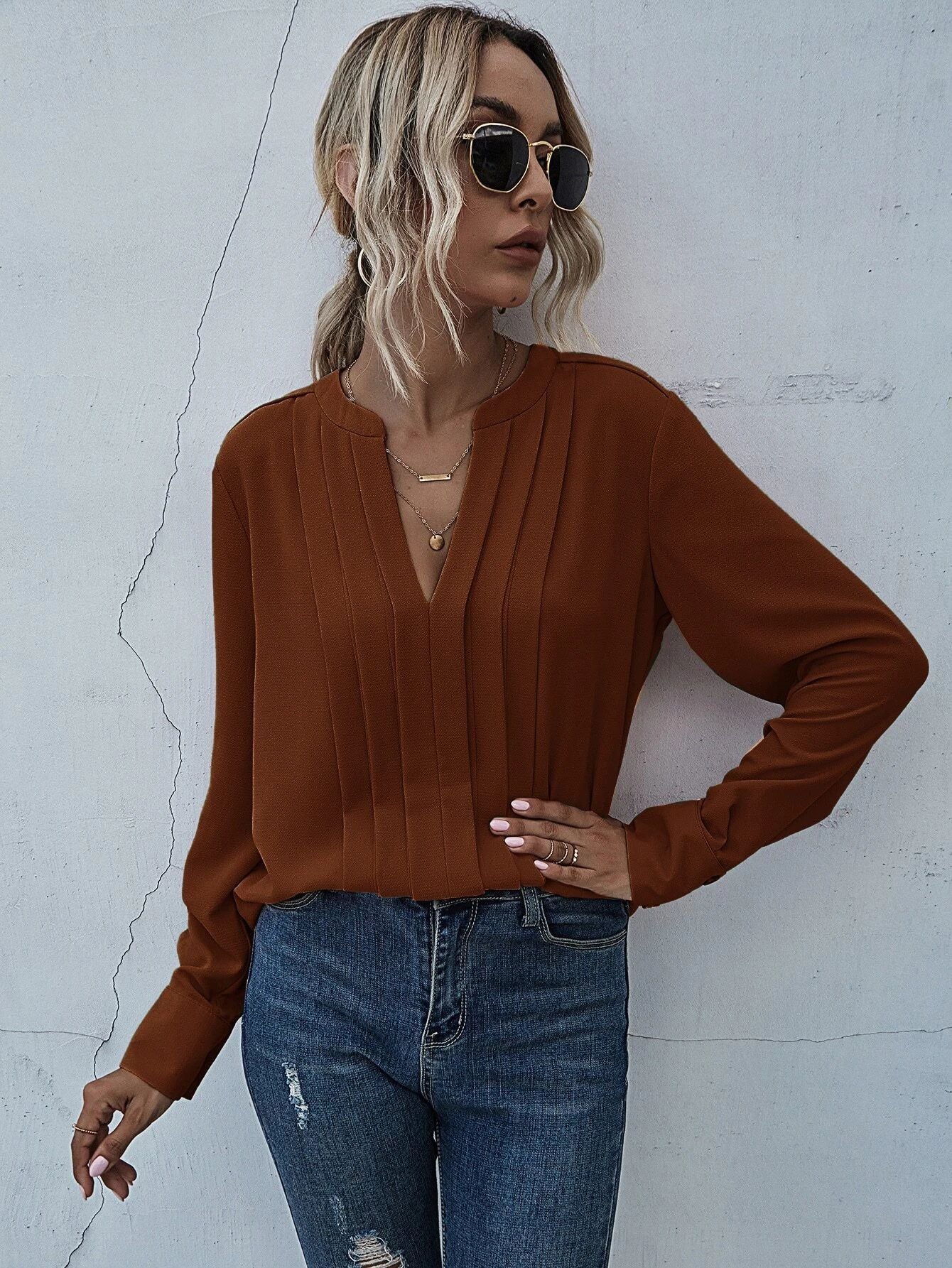 Dame elegante bluser med plissé Stilla