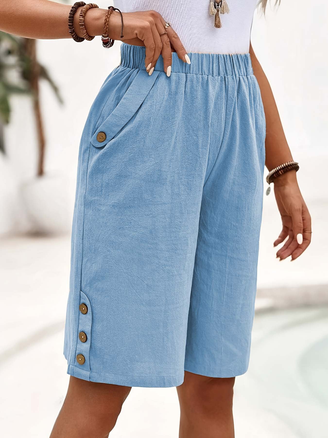 Dame Elegant og afslappet Sløjfe Shorts med sidelommer og dekorative knapper Stilla