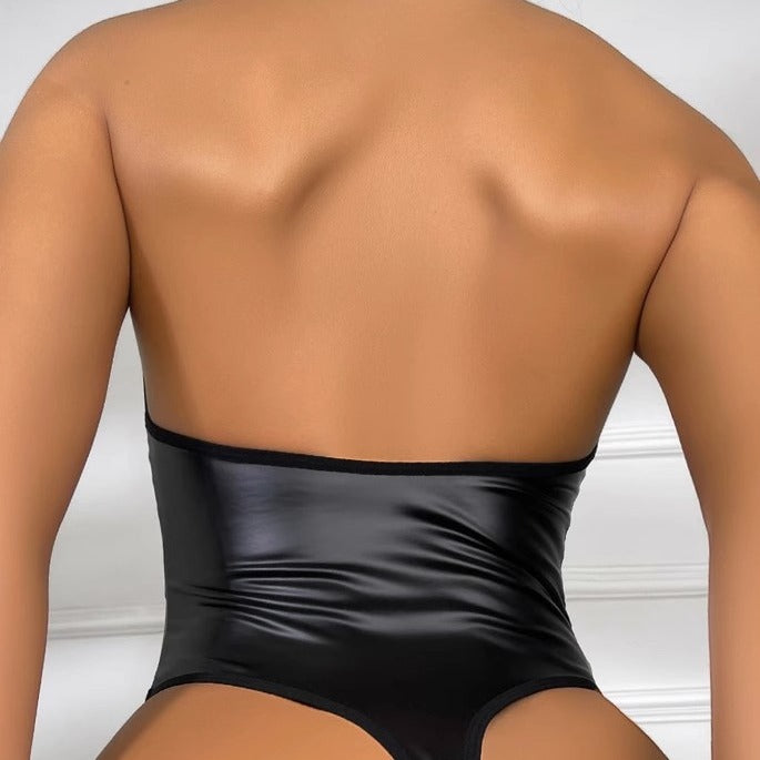 Dame gennemsigtig net- og kunstlæder-bodysuit Stilla