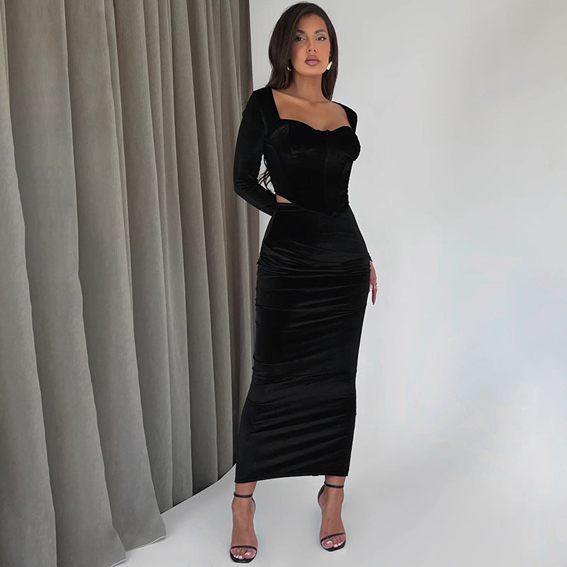 Dame Elegant Langærmet Maxi Kjole med gennemsigtigt Oberteil og raffineret Drapering Stilla