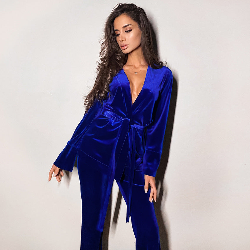 Dame elegant fløjls Jumpsuit-sæt med knælangt snit og taljeringabel bælte Stilla
