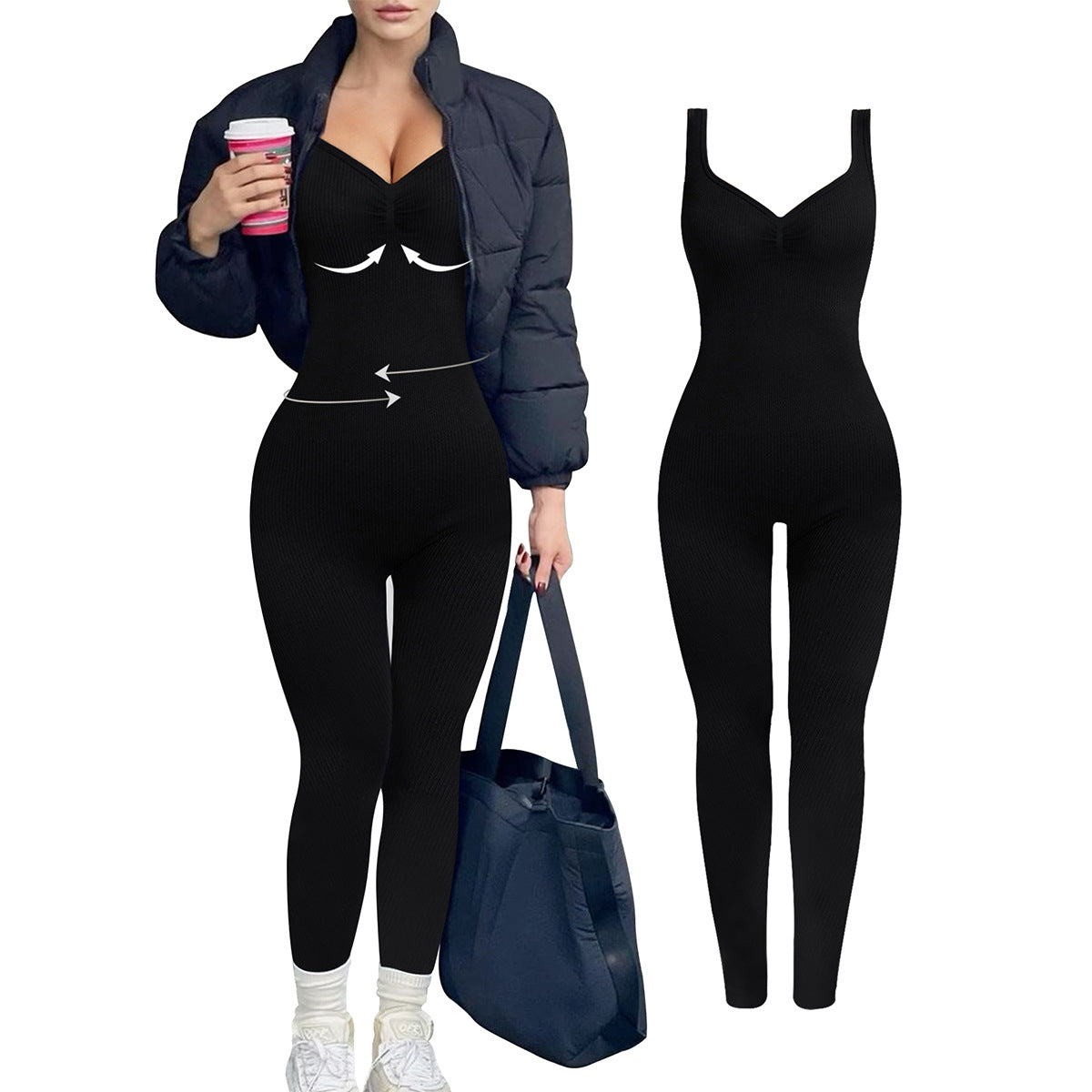 Dame figursyet jumpsuit med V-hals og ribstruktur Stilla