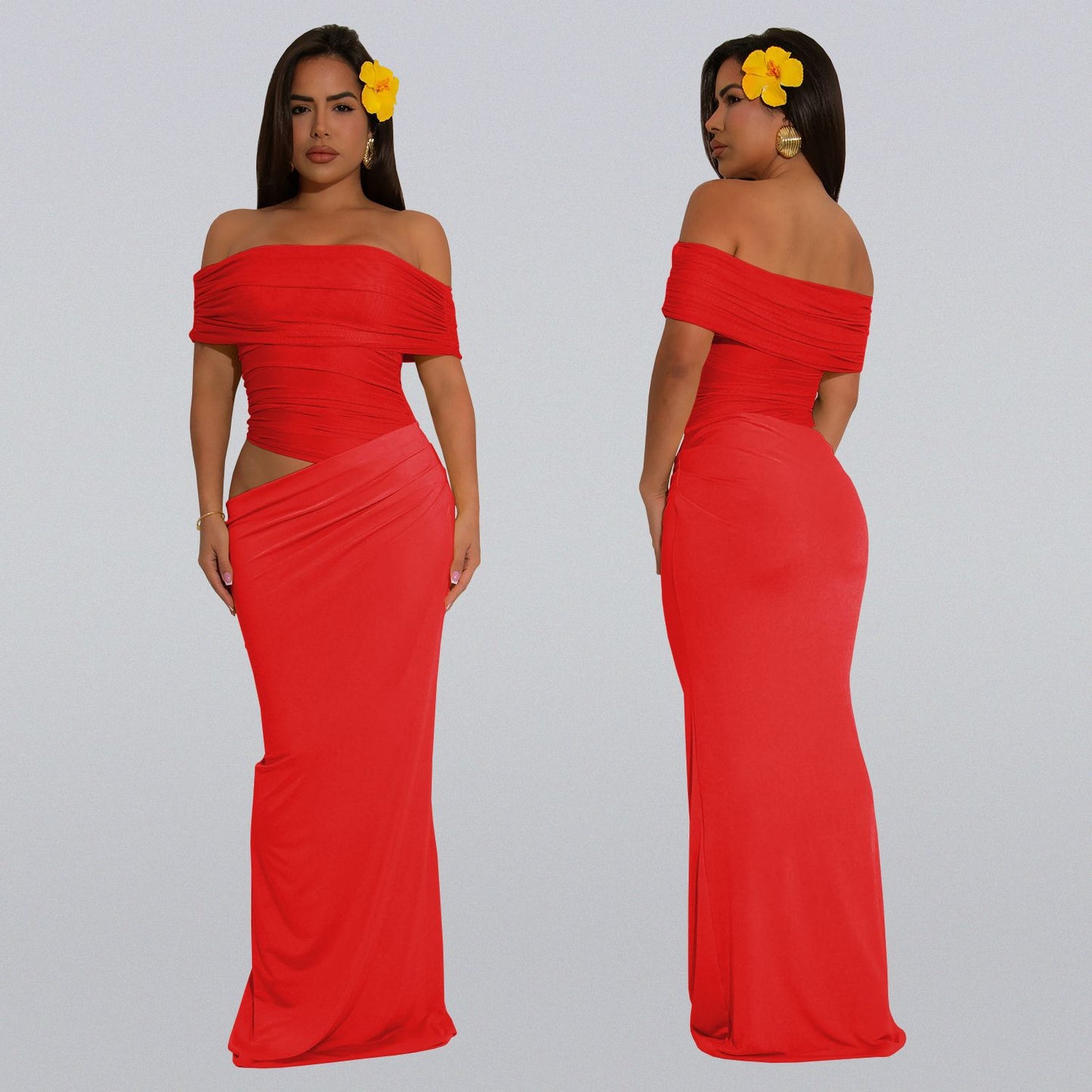 Dame Elegant Off-Shoulder-Maxi-Kjole med figursyet snit og rynk Stilla