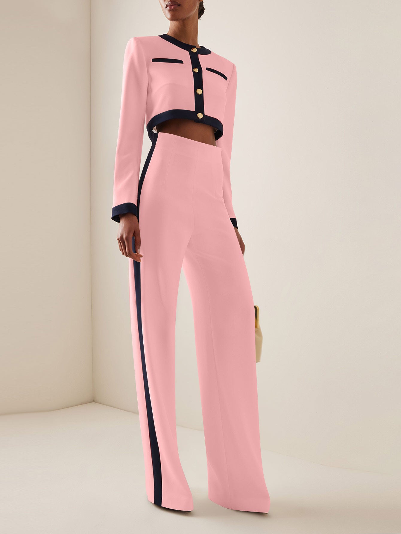 Dame elegant cropped blazer sæt med vidde bukser og gyldne knapper Stilla