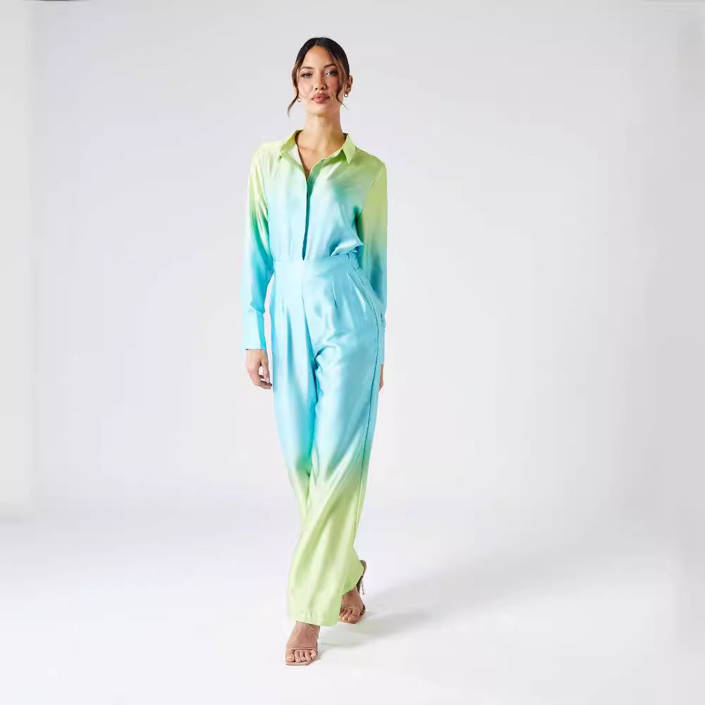 Dame silke bluser-bukser-sæt med elegant farvegradient Stilla