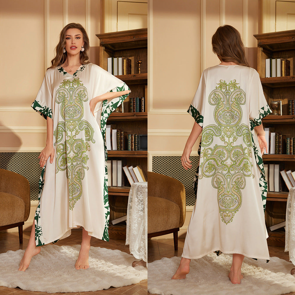 Dame elegant kaftanrobe med blomsterprint og taljebælte Stilla