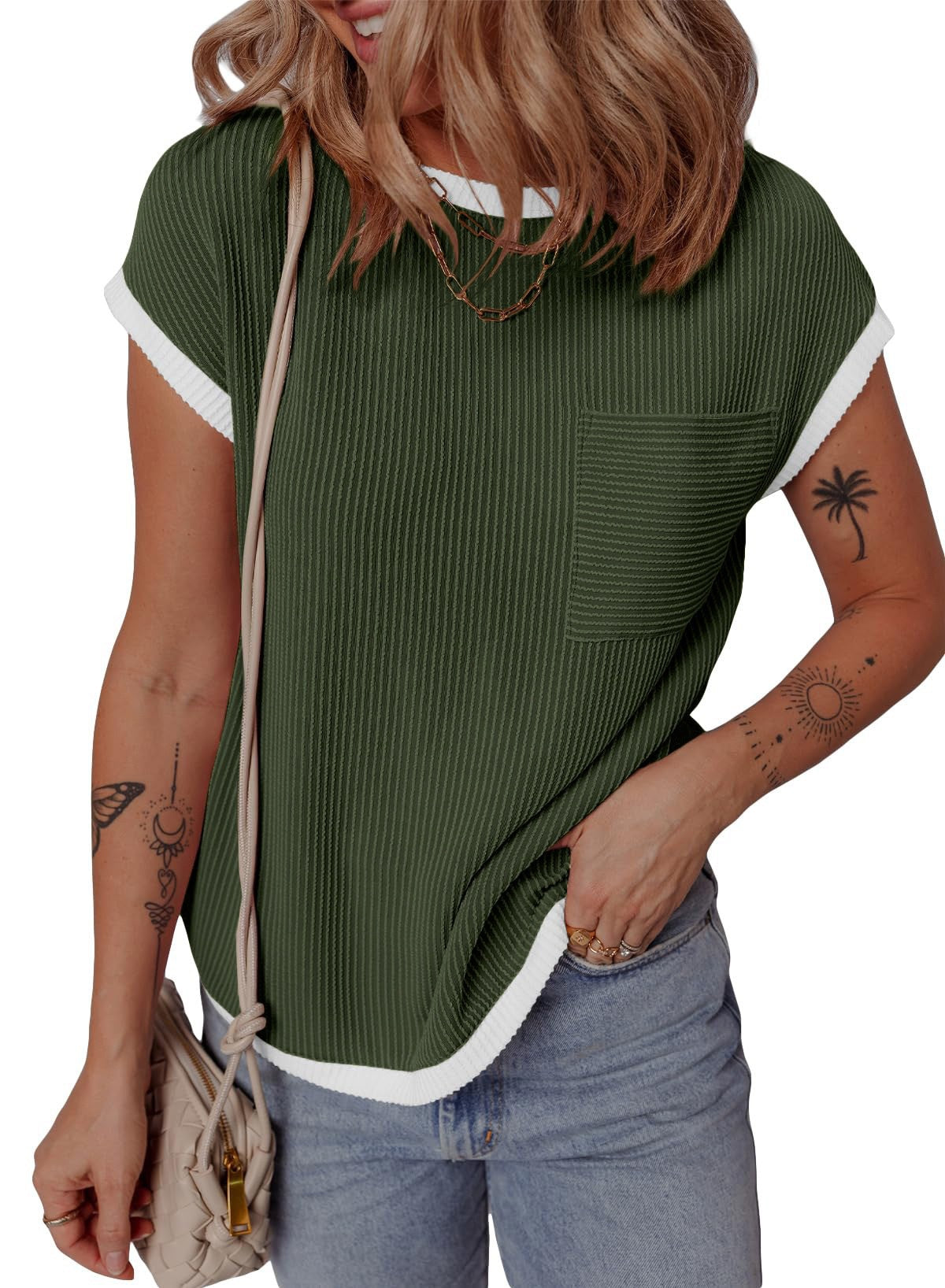 Dame afslappet og åndbar vaffelshirt med lomme Stilla