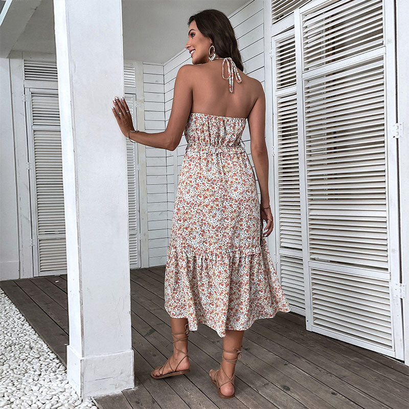 Dame Floral Maxi Kjole med elegant bundet U-udskæring Stilla