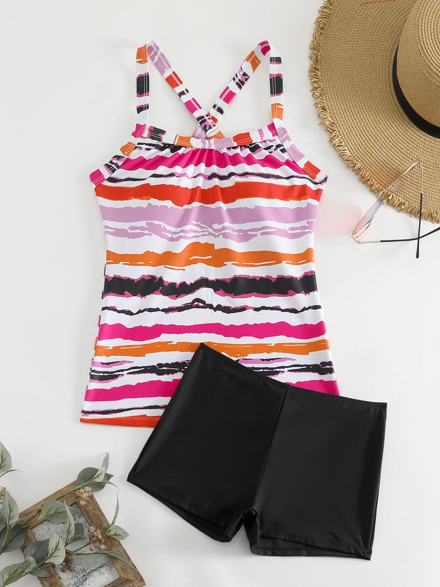Dame Sporty Tankini-sæt med stribet top og shorts-agtig bund Stilla