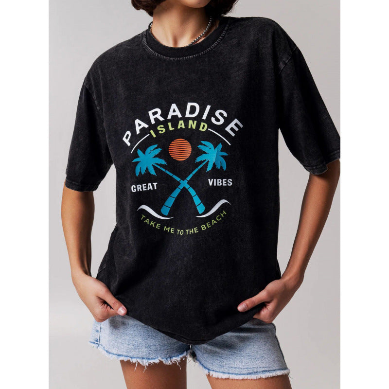 Dame afslappet grafik T-shirt med tropisk strandmotiv Stilla