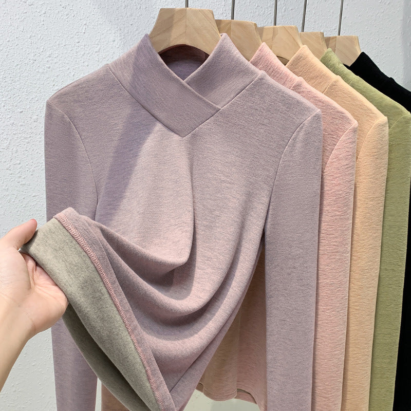 Dame langærmet toppen med moderne omslagskrave og fin tekstur Stilla