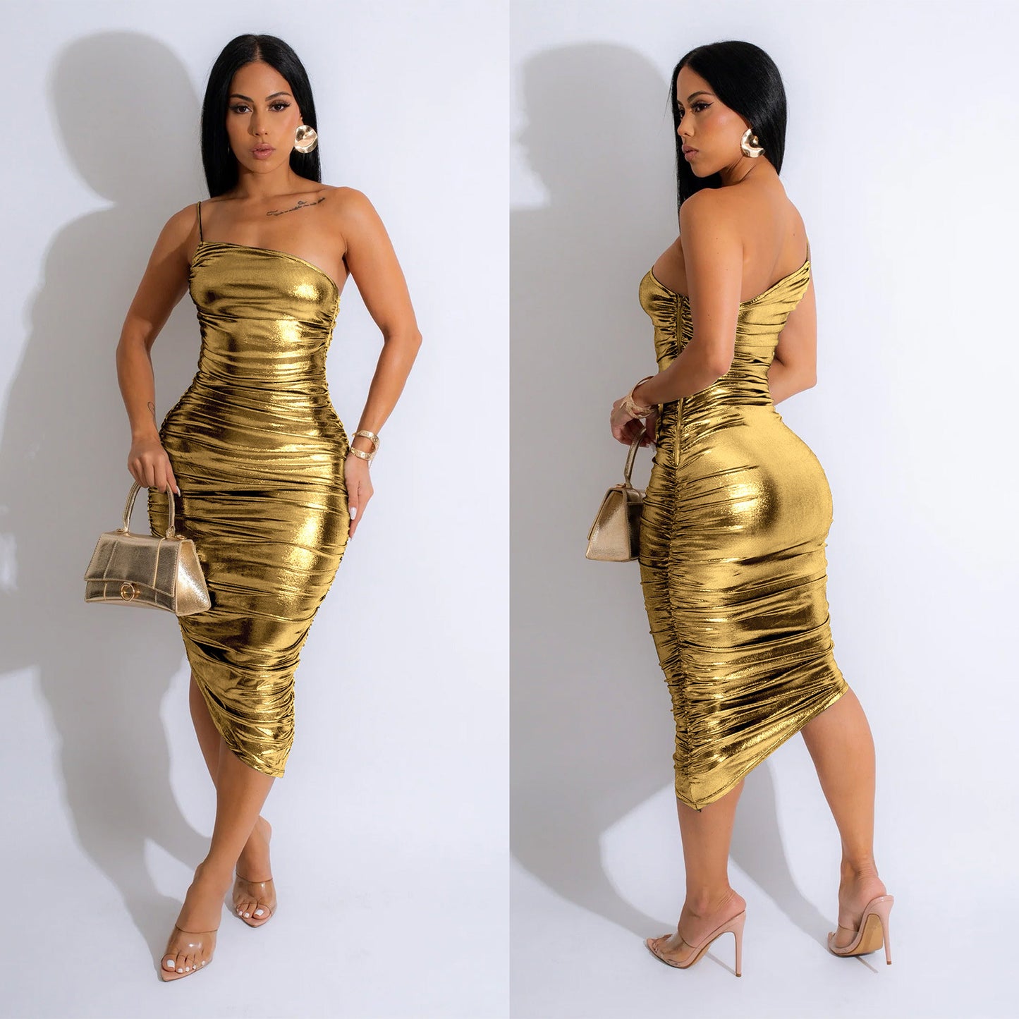 Dame Skinnende Bodycon-kjole med asymmetrisk kant og ruching Stilla