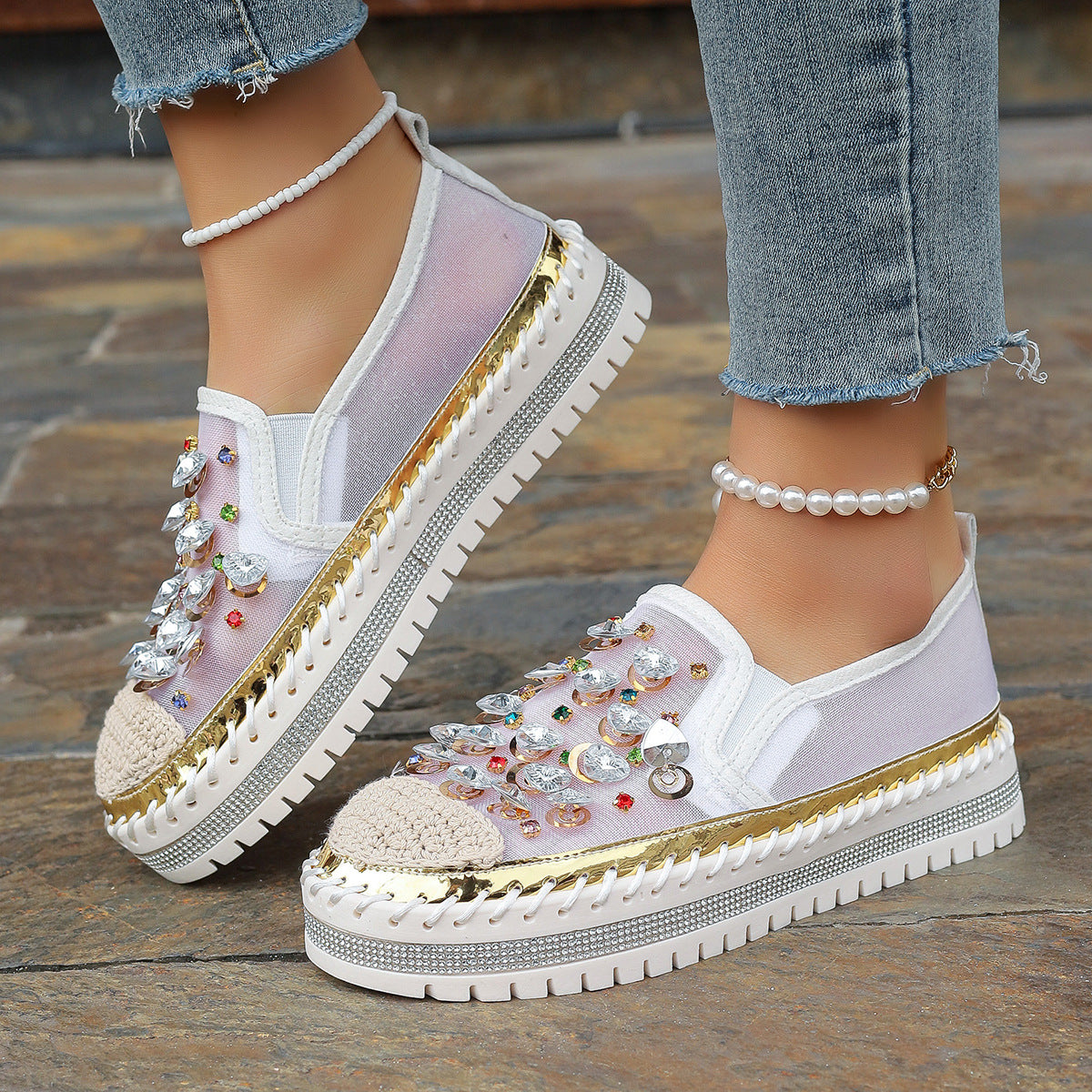 Dame Slip-On Sneakers med glitrende smykke design og behagelig sål Stilla