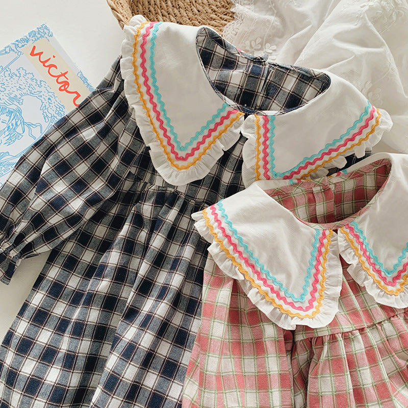 Pige Gingham Ruder Kjole med dekorativ Peter-Pan Krave Stilla