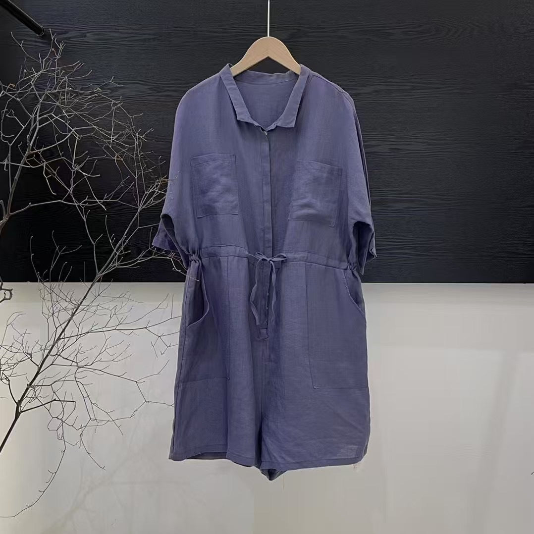 Damer Løs Jumpsuit med korte ærmer, taljebælte og lommer Stilla