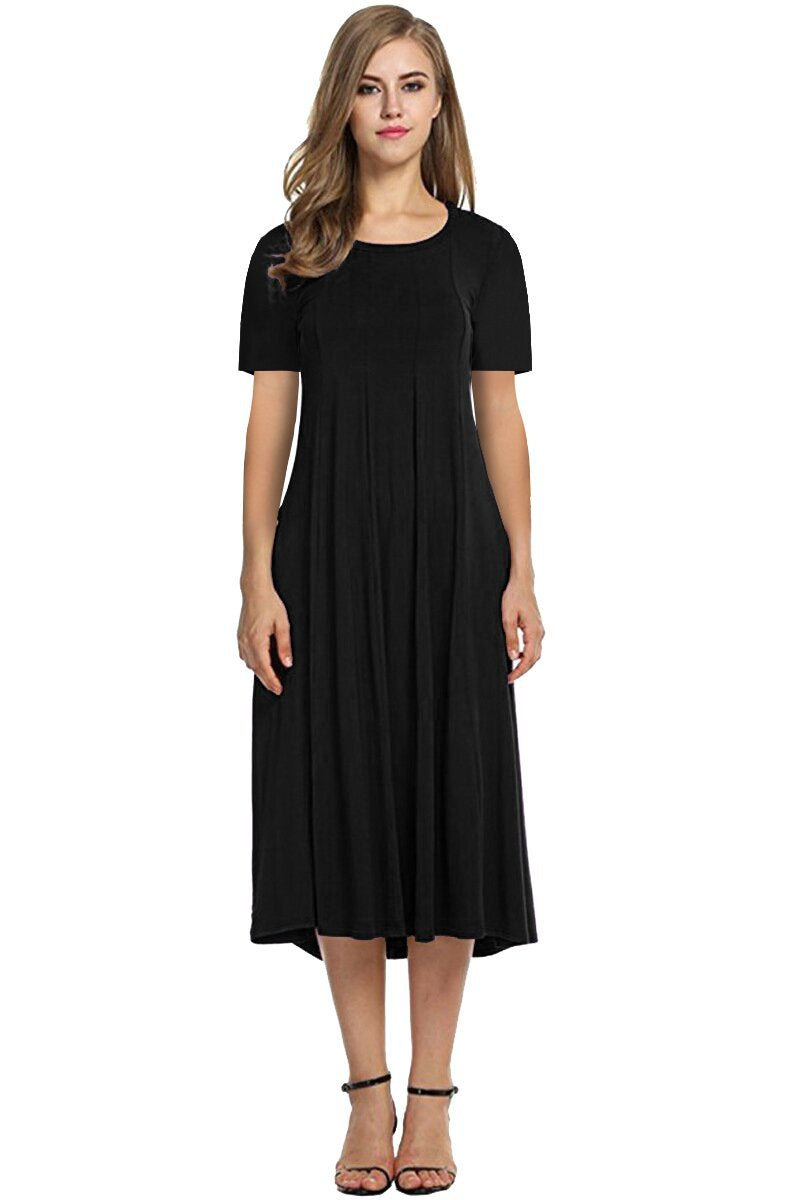 Dame afslappet midikjole med vidde skørt og rund halsudskæring Stilla