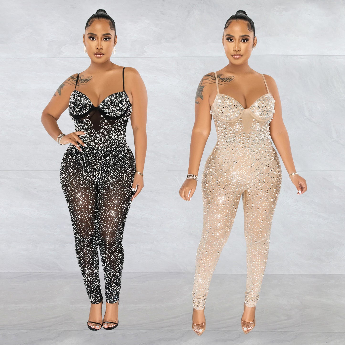 Dame Couture Jumpsuit med strassdekorationer og transparente indsatser Stilla