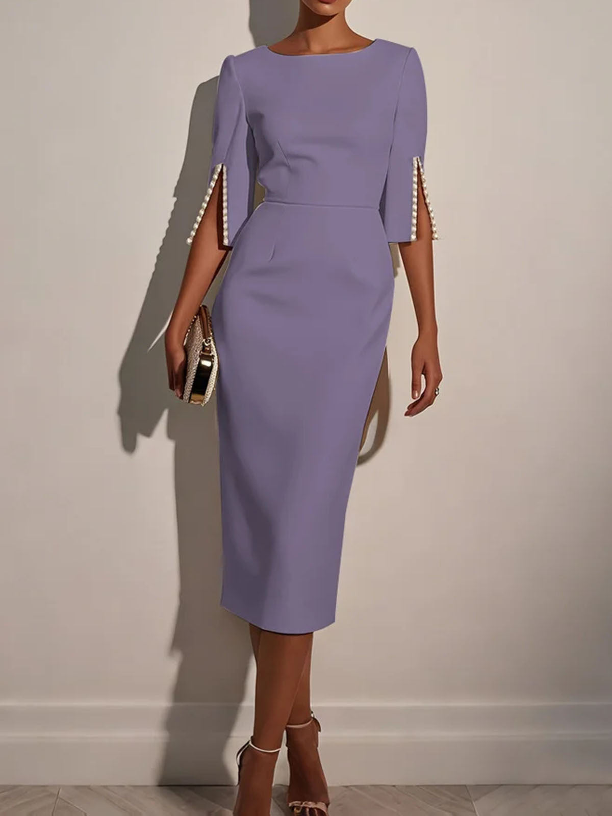 Dame elegant blyantskjole med perleprydede ærmer Stilla