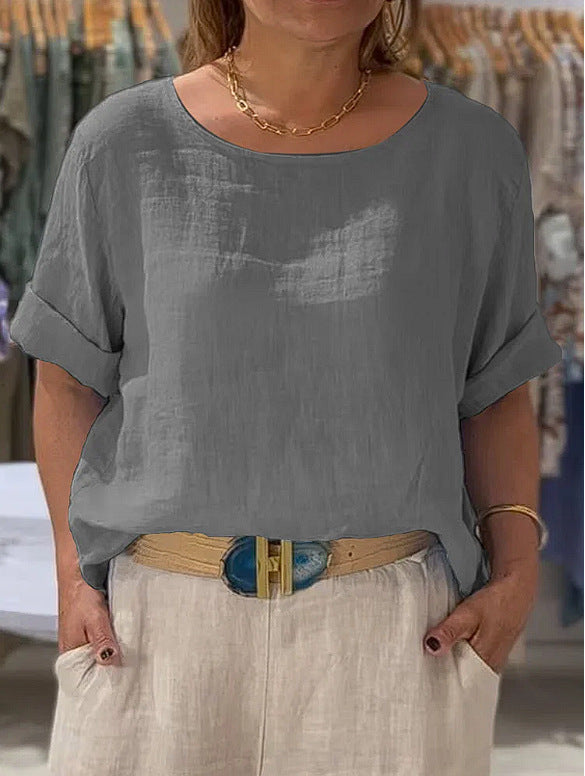 Dame afslappet linenbluse med omslagbare ærmer og elegant rundhalset udskæring Stilla